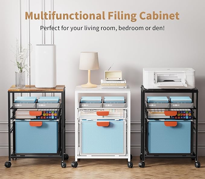 Marbrasse Rolling File Cart with Handle, Mobile File Cabinet on Lockable Wheels, Office Filing Cabinet Organizer, Printer Stand with Hanging File Folder Organizer for Home Office - Dark Brown