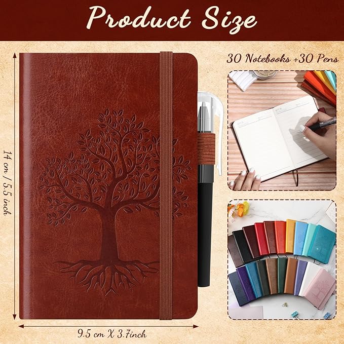 Estune Tree Small Notebooks Pen Leather Lined Pocket Subject Notebooks Hardcover Pocket Notepad Cute Ruled Leather Journals with Pen Holder for Men Women School Business, A6(Stylish Color,30 Set)