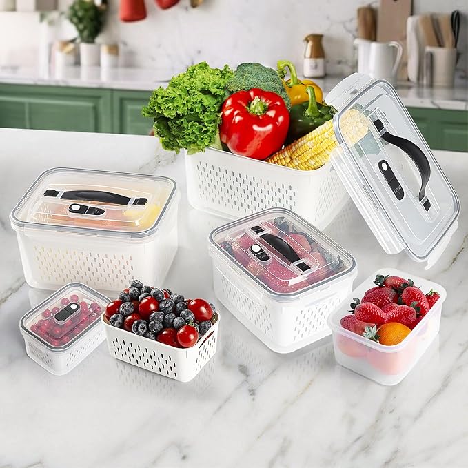 LUXEAR Larger 5PCS Fruit Storage Containers For Fridge, Produce Vegetable Saver Container with Lid Colander Vent Handle, BPA-Free Refrigerator Microwave Dishwasher Safe, Keep Fruits Veggie Food Fresh