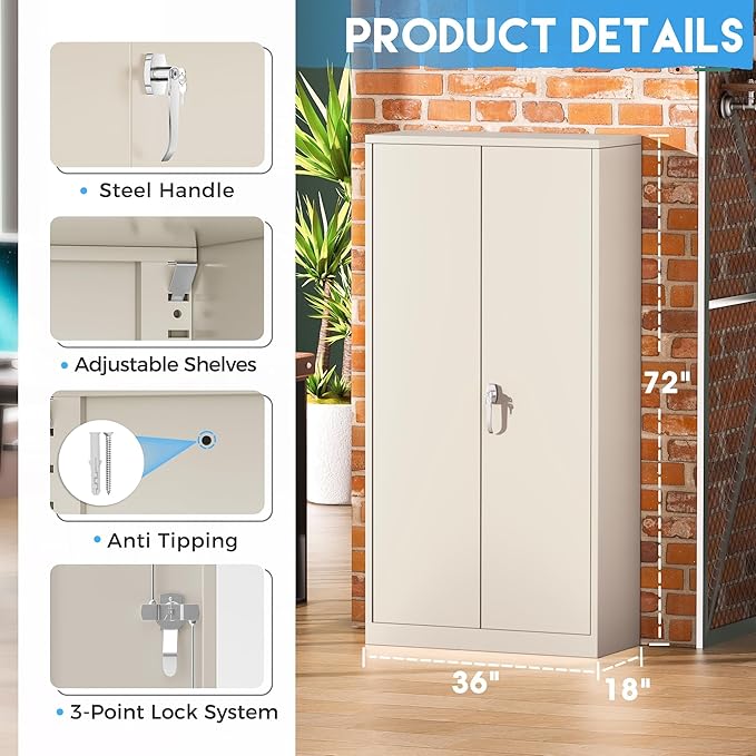Greenvelly Garage Storage Cabinet,72" Metal Cabinet with 2 Doors and 4 Shelves,Steel File Cabinet for Home Office, Garage, Classroom(Grey 36" X 18")