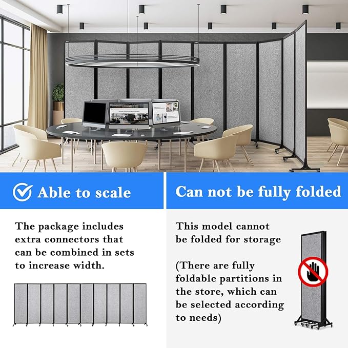 Upgrade Version Room Partition and Divider, Freestanding Rolling Dividers with Wheels,Office Privacy Screen Divider Wall,Classroom Felt Dividers,12'2"L* 6'7"H,6 Panel,Light Grey