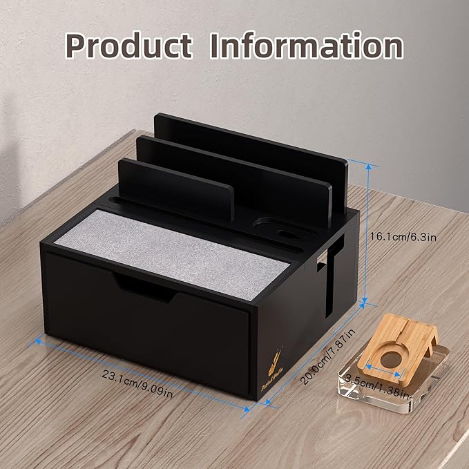 Pezin & Hulin Bamboo Charging Station for Multi Device, with Power Charger & Cables, Nightstand Docking Station with Lined Tray & Drawer, Compatible with Tablet, Cell Phones-Black
