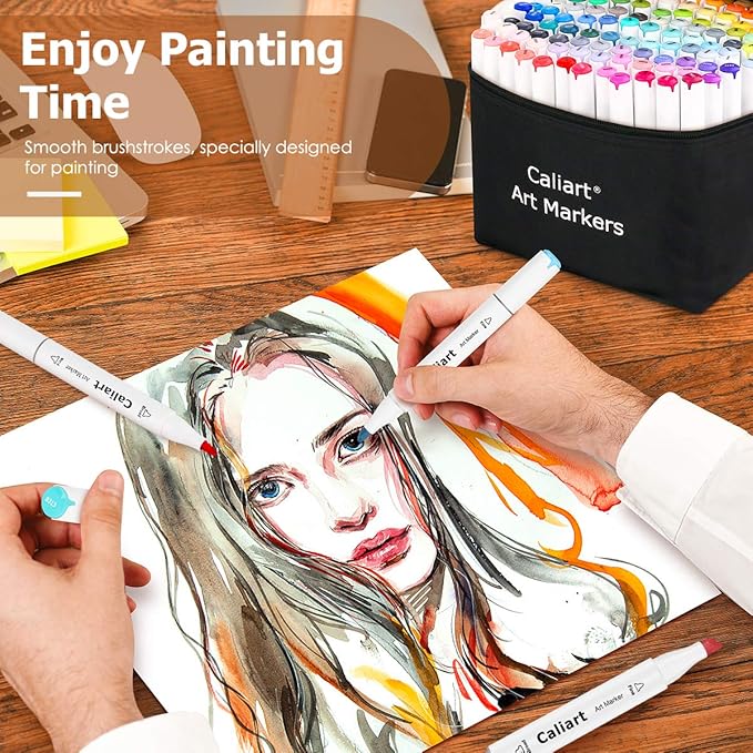 Caliart 24 Colors Fine & Chisel Permanent Alcohol Markers, Dual Tip Artist Sketch Art Markers Set for Adult Coloring Book, Aesthetic Cute School Supplies, Pens for Drawing Coloring Illustrations