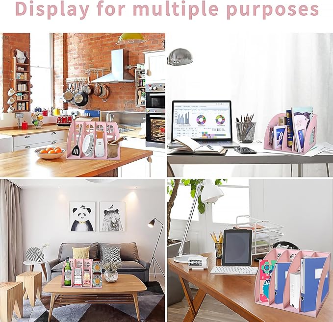 SAYEEC Magazine File Holder Folder Storage Desktop 4 Compartment Standing Hollow Pink Files Bookshelf Organizer Office Racks Displays Holds Notebooks Documents for School Working Students