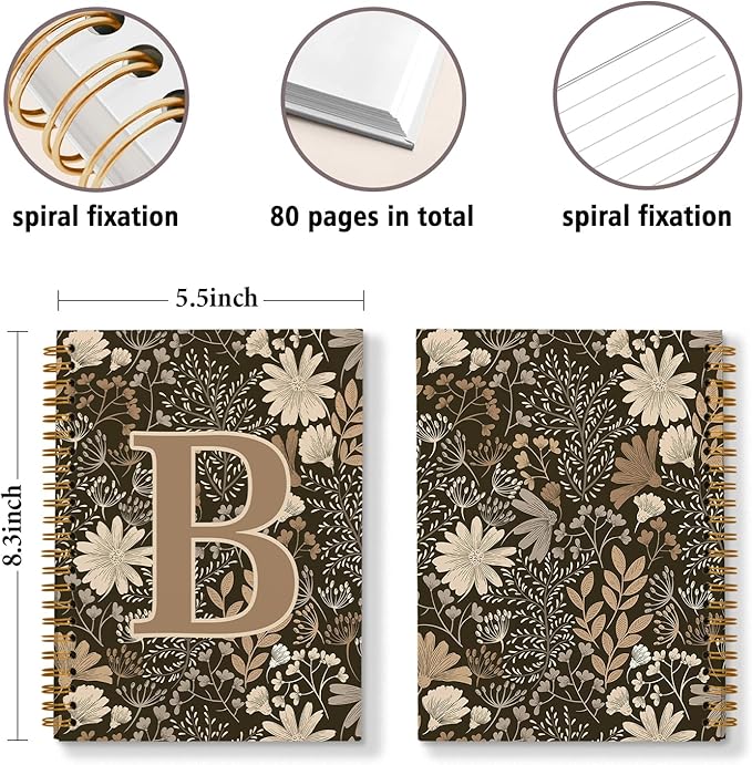 Initial B Personalized Journal Notebook, Boho Floral Journaling Notebooks for Women Girls, Costom Monogrammed Gifts for Women Mom Girls Friends, Letter Spiral Notebook, 5.5x8.3