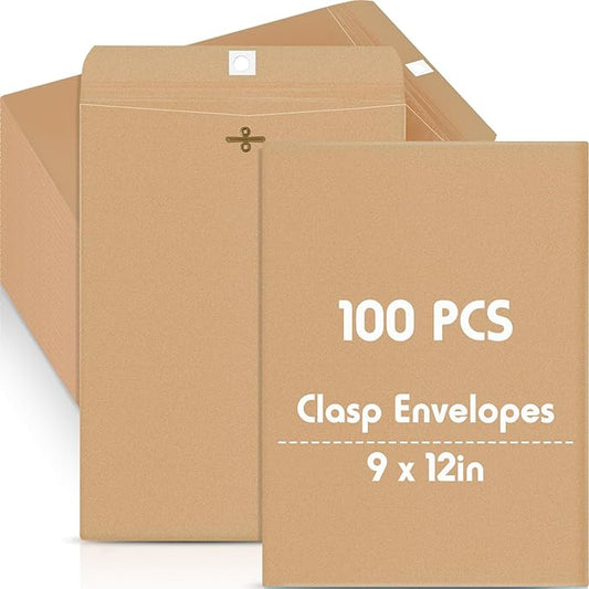 Geyee 100 Pcs Clasp Manilla Envelopes 9 x 12 Inch Gummed Colored Envelopes for Storing or Mailing for Home Office Business Supplies(Brown)