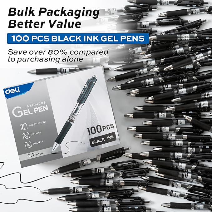 deli Gel Pens, 100 Pcs Retractable Pens Black Ink, Medium Point Pen 0.7mm, Smooth Writing, Fast Dry, No Bleed for Journaling Note Taking, Home School Office Supplies