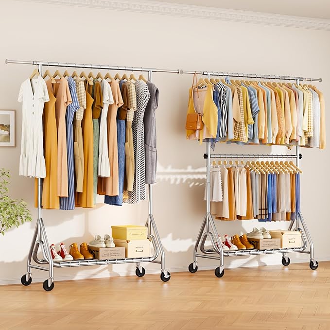 Heavy Duty Clothes Rack for Hanging Clothes, Double Rods Clothing Rack with Lockable Wheels, Rolling Garment Racks with Shelf, Easy to Assemble, Silver