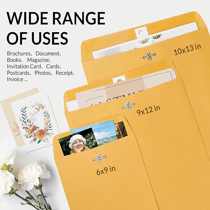 SUNEE 10x13 Clasp Envelopes 100 Count - 10x13 Inch Brown Kraft Envelopes with Clasp Closure – for Home, Office, Business, Legal or School, Great for Filing, Storing or Mailing Documents