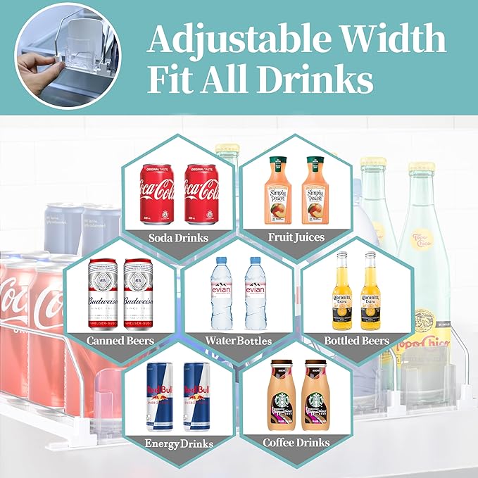Drink Organizer For Fridge - Fridge Organizers Self Pushing Drink Dispenser, Drink Dispenser for Fridge w/Smooth Spring & Conveyor Belt, Adjustable 5 Can & Can Organizer for Refrigerator, 17.3"D