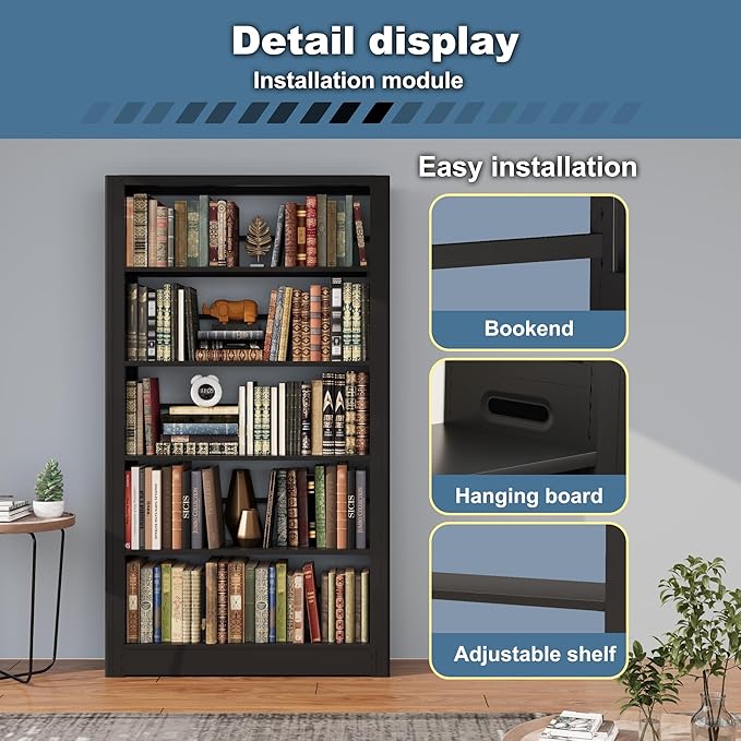 Heavy Duty Office Bookshelf, 5-Tier Adjustable Library Bookshelves, Modular Book Shelf with Expansion Capability, 69” Tall Metal Bookcase for Heavy Books, Living Room. Black Bookshelf.