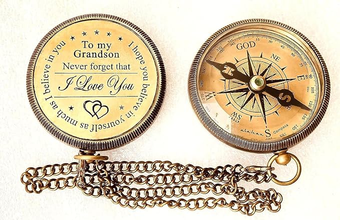 Gift for Grandson Brass Compass Engraved Quote | Memory Present to My Grandson Birthday, Baptism, Graduation, Confirmation, Love, Gift idea by Grandpa Grandma