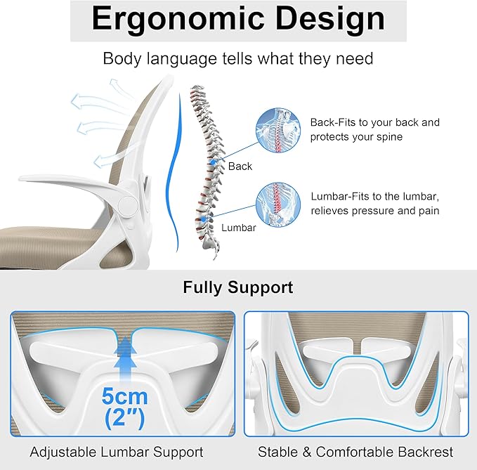 Primy Drafting Chair Tall Office Chair with Flip-up Armrests Executive Ergonomic Computer Standing Desk Chair with Lumbar Support and Adjustable Footrest Ring(Khaki)