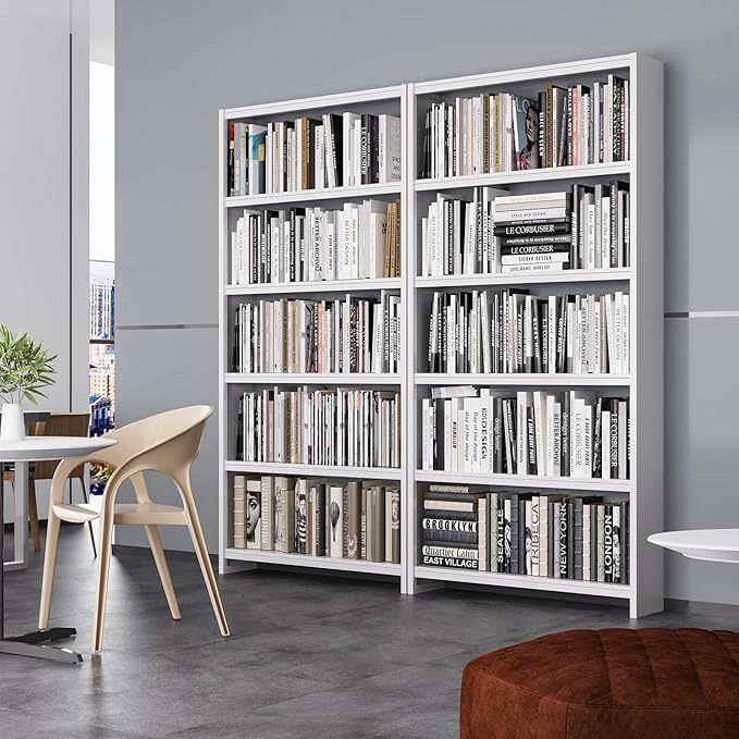 69" Tall Bookcase, 5-Tier Wide Bookshelf, Library Book Case with Display Shelf, Lightweight Metal Bookshelves, Industrial Book Shelf for Home, Office, Library, and School (White)