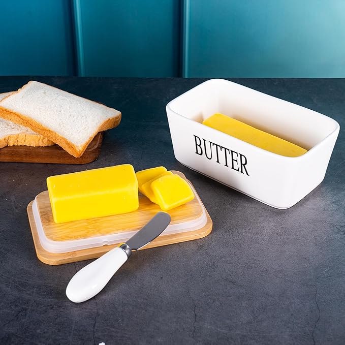 Large White Butter Dish with Lid and Knife for Countertop, Ceramic Covered Butter Stick Holder Container for Fridge