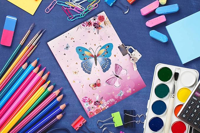 Girls Diary with Lock for Kids, 7x5.25 Inches 160 Lined Pages Secret Pink Butterfly Notebook for Girls Journal with Lock for Kids Pre School Writing Drawing Cute Girls Gifts for Birthday