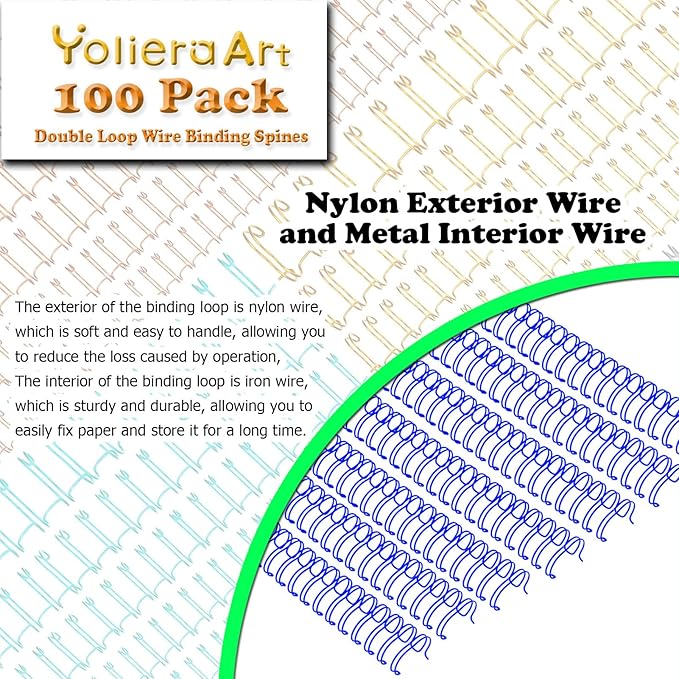 3:1 Pitch Double Loop Binding Wires, YolieraArt 100 Pack Spiral Spine Bindings, 9/16 Inch Wire Twin Binding for Book Binder Machine,Students and Coworkers (120 Sheet Capacity, 100P, Blue)