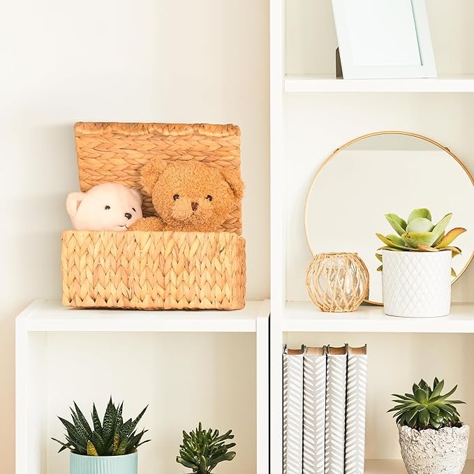 KOKODO Set of 2 Scalloped Wicker Baskets β Handwoven Rectangular Water Hyacinth Storage Baskets with Lid and Handles for Organizing, Living Room & Shelf Decor β Rattan Organizing Bins