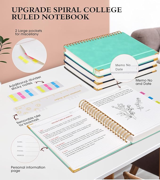 Spiral Notebook Journal 5.75” x 8.38”, 300 Pages Hardcover Leather Lined Journals for Women Men, A5 Small College Ruled Notebooks with 100 GSM Thick Paper, Spiral Journal for Writing Work School, Teal