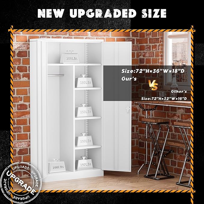 Greenvelly Metal Storage Cabinet Locker with Locking Doors,72" Metal Wardrobe Cabinet, Steel Storage Wardrobe with Hanging for Home Office, Garage, School, Gym(White 36" ×18")