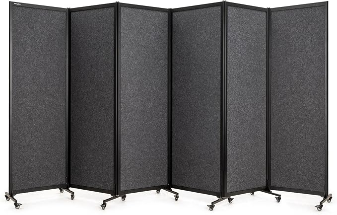 Upgrade Version Room Partition and Divider, Freestanding Rolling Dividers with Wheels,Office Privacy Screen Divider Wall,Classroom Felt Dividers,12'2"L* 6'7"H,6 Panel,Dark Grey