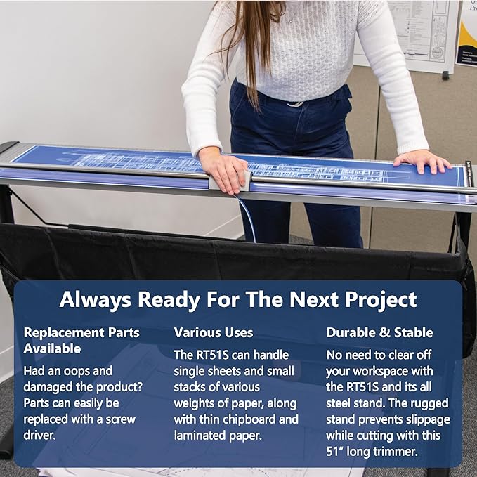 United Office Products RT51S Commercial Rotary Paper Trimmer with Stand and Fabric Catch Tray, Sturdy Metal Base, 51" Cut Length, 10 Sheet Capacity, Paper Cutter for Offices, Schools and Crafts