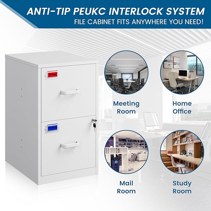 2 Drawer File Cabinet with Lock, 25.4" High Vertical Filing Cabinet, 17.7" Deep Metal Storage Cabinets for Home Office, Letter/Legal/A4/F4 Size, White(Assemble Required)