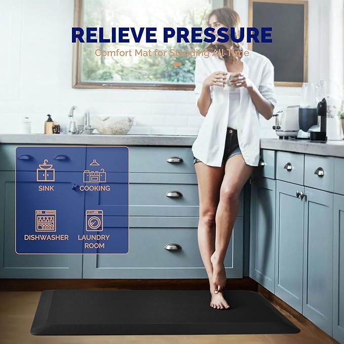 FEATOL 4 Packs Anti Fatigue Mats Thick Cushioned Standing Desk Mat Office, Ergonomic Kitchen Mats Set of 4, Memory Foam Comfort Floor Mat Padded Foam Rugs, Stain Resistant, Non-Slip (20" x 32", Black)