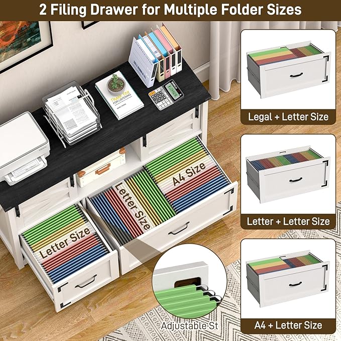 Lateral File Cabinets 2 Drawer with Sliding Barn Doors, Farmhouse Filing Cabinet with 2 Drawer for Home Office,Filing Organization Storage Cabinets for Hanging Files Letter/Legal/F4/A4.(Black.)