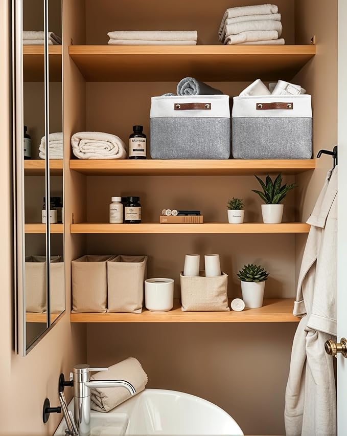 DECOMOMO Storage Baskets for Shelves - Fabric Storage Bins, Linen Closet Organizers and Storage (Grey & White, Large - 3 Pack)