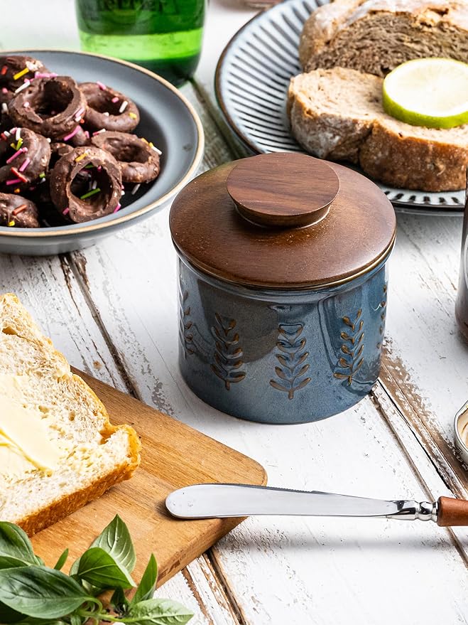 Ceramic Butter Dish with Lid, Butter Crock for Countertop, French Butter Keeper, Elegant Embossed Pattern, Blue