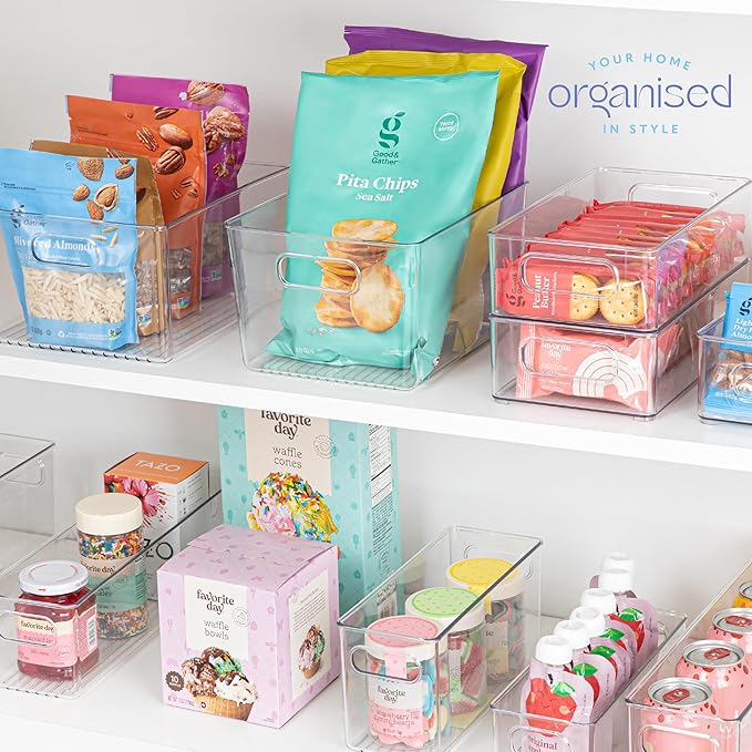 primebox 6 Pack Clear Plastic Organizing Container with Integraged Handles for Home Organization for Kitchen, Pantry, Fridge, Freezer, Cabinet,Bathroom, Stackable. 10"x6"x3"