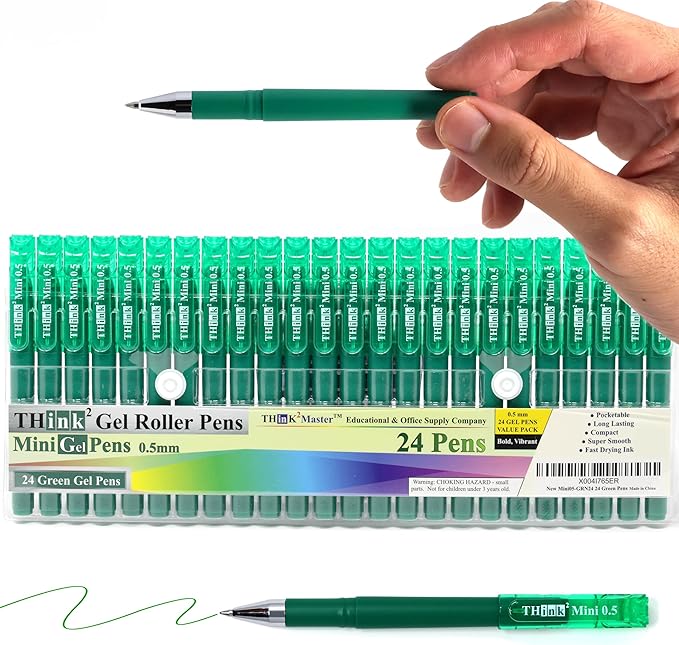 THINK2MASTER [24 Pens - Green Ink Think2 0.5mm Pocketable Mini Gel Pens. (24 Green) Fine Point Small Rollerball Pens with Smooth Quick Drying Ink.