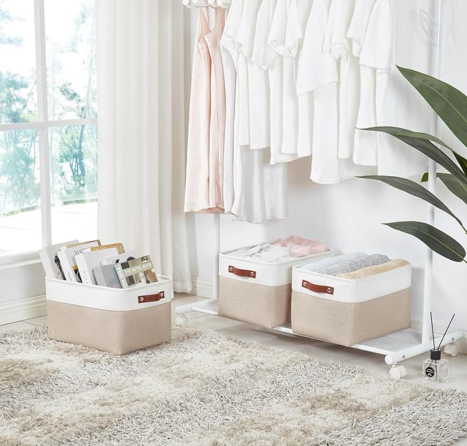 DECOMOMO Storage Baskets for Shelves - Fabric Storage Bins, Linen Closet Organizers and Storage (Beige & White, Large - 1 Pack)