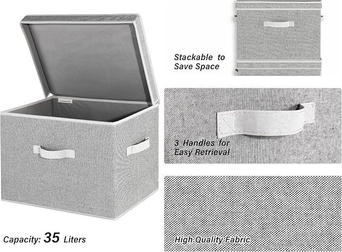 StorageWorks Fabric Storage Bins with Lid, Decorative Storage Boxes for Shelves, Stackable Closet Organizer Basket with Handles, Jumbo, Gray, 2-Pack