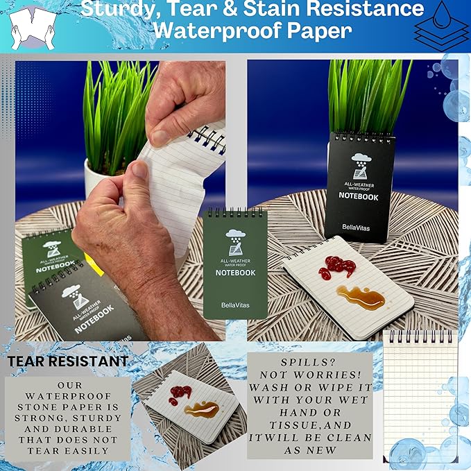 Waterproof 3x5 Notebook Pocket Notebook Small Spiral Notebooks Pocket Notepad Small Notepad 3x5 Pocket Notepad Police Notepad Tactical Notebook and All-Weather pen 6 Pack Green