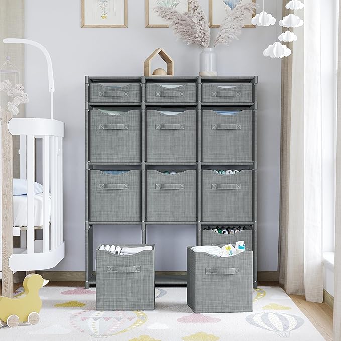 12 Cube Closet Organizers And Storage | Includes All Storage Cube Bins | Easy To Assemble Closet Storage Unit With Drawers | Room Organizer For Clothes, Baby Closet Bedroom, Playroom, Dorm (Grey)