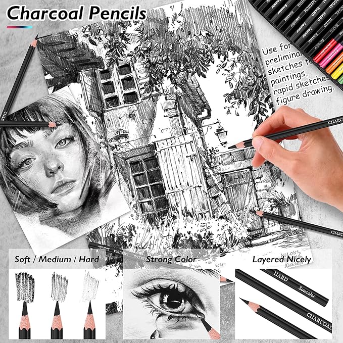 Soucolor 73 Pack Art Supplies Sketching Kit for Adults Kids Teen Gifts, School Supplies, Drawing Sketching Pencils with Sketchbook, Coloring Book, Colored Watercolor Metallic Graphite Charcoal Pencils