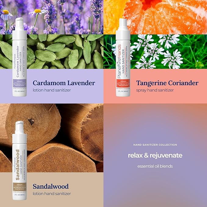 Relax & Rejuvenate Variety 3pk Hand Sanitizer | Cardamom Lavender Lotion, Tangerine Coriander Spray, Sandalwood Lotion | Travel Size | Made with Aloe Vera & Essential Oils | Rich in Vitamin E