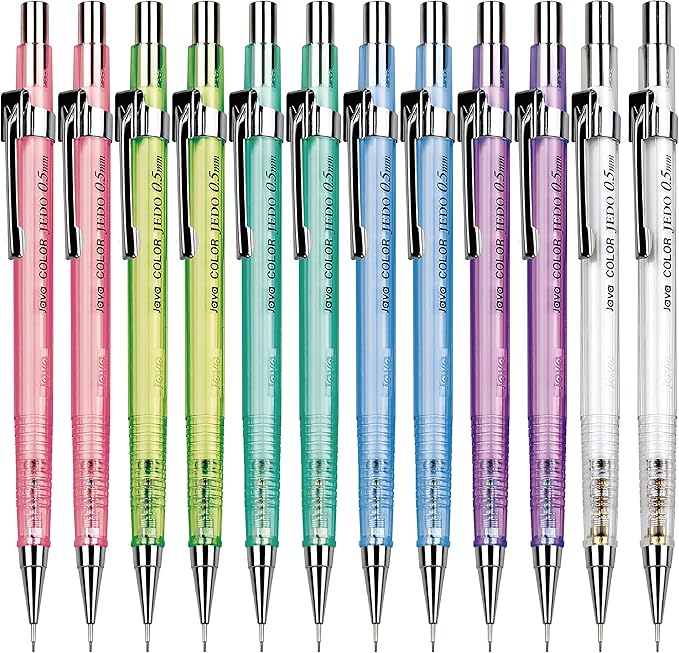 JVPEN Transparent Mechanical Pencils – 0.5 mm Drafting Pencils, Assorted Clear Colors – Smooth Writing, Non-Slip Grip, Built-in Eraser – Ideal for School, Office & Technical Drawing – 12-Pack