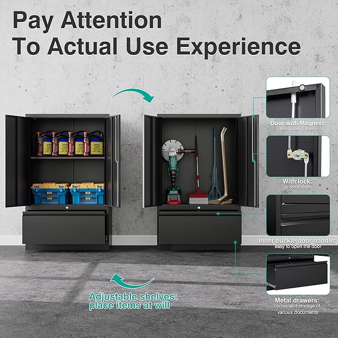 SISESOL Black Lateral File Cabinet with Lock,51" Locking Filing Cabinet with Doors and Shelves,Metal Storage Cabinets with Drawer for Home,Office,Garage,School,Fit A4/Letter/Legal File (1 Drawer)