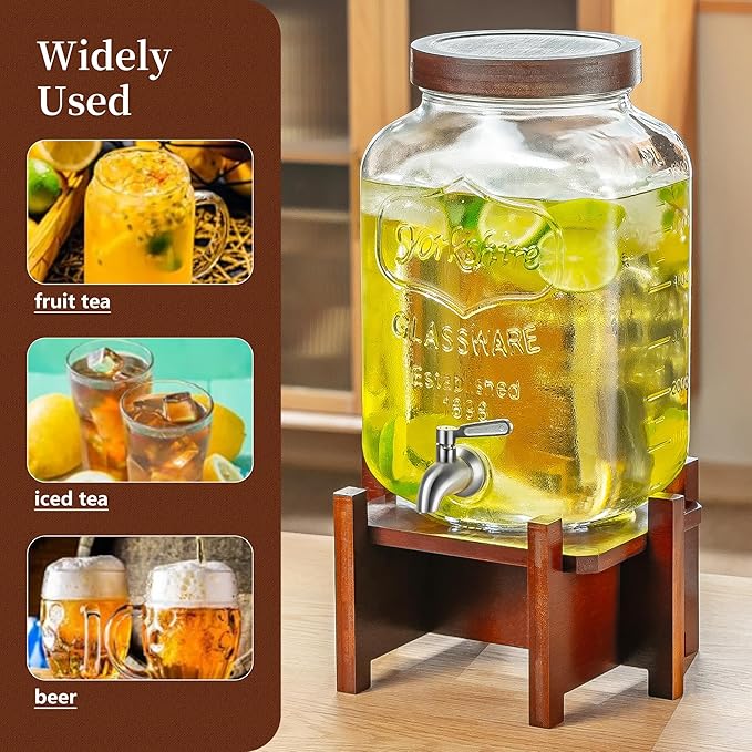 Drink Dispenser with Acacia Wood Stand and Lid,2 Gallon Glass Beverage Dispenser with Stainless Steel Spigot for Parties,Picnics,Barbecues,Lemonade,Sun tea Jar,ice coffee,Laundry Detergent Dispenser