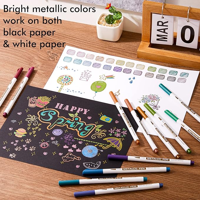 Shuttle Art Metallic Marker Pens, 30 Colors Metallic Paint Markers with 1 Coloring Book Fine Point for DIY Card, Calligraphy, Art and Crafting Projects, Works Great on Black Paper, Scrapbooks, Rock