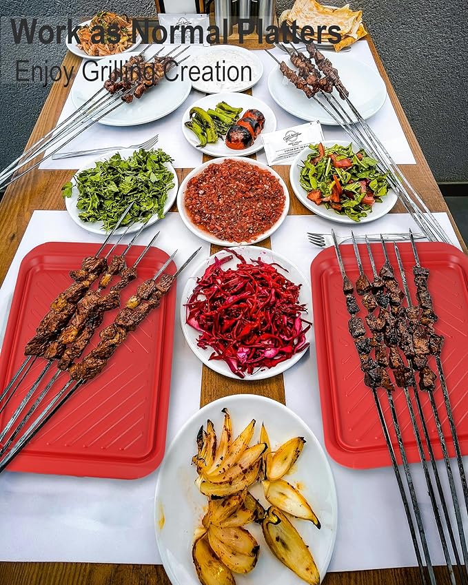 KAQAHIDO Grilling Prep and Serve Trays, BBQ Platter for Raw Meat Marinating and Finished Cooked Food, Melamine Serving Tray, Set of 2, Cleaning Pack Included