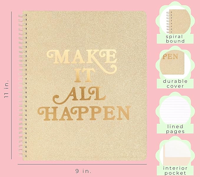 ban.do Rough Draft Large Spiral Notebook with Saying, 11" x 9" with Pockets and 160 College Ruled Pages, I Am Very Busy (gold glitter)