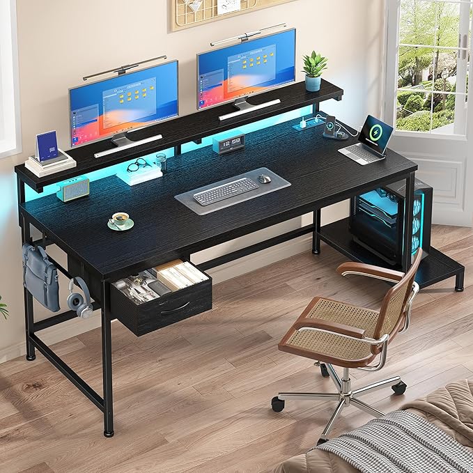 39.3" Gaming Desk with Power Outlet and LED Lights,Computer Desk with Adjutable Monitor Stand and Drawer,Office Desk with CPU Stand for Home Work,Study and Gaming, Small Spaces,Black