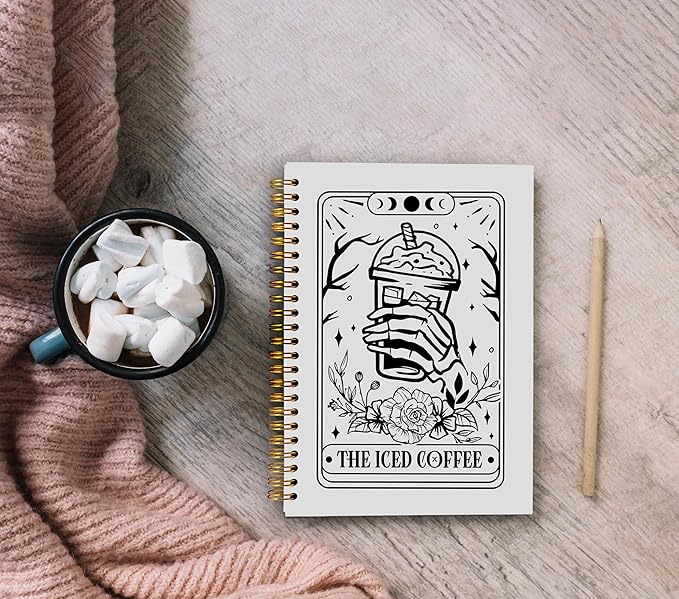 The Iced Coffee Tarot Journal Notebook - Coffee Lover Gifts, Tarot Lover Gifts, Gothic Skeleton Notebook, Witchy Journal, Witchy Gifts, Gothic Office Supplies, Spiral Notebook 5.5x8.3