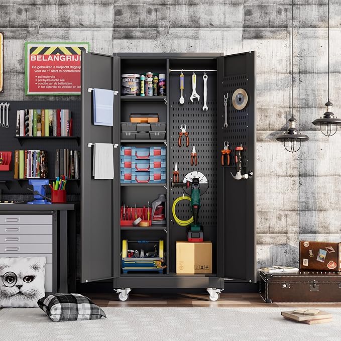 Garage Storage Cabinet with Wheels, Metal Tool Cabinet with Pegboards and 4 Adjustable Shelves, Garage Storage System with Lockable Door for Shools, Offices, Gyms and Pantries, Black