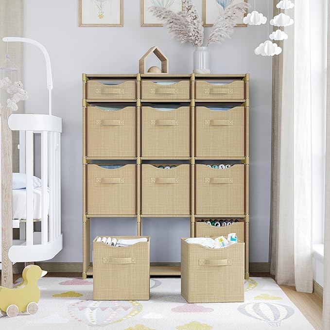 12 Cube Closet Organizer And Storage Unit With Drawers | Includes All Storage Bins | Easy To Assemble Room Organizer For Clothes, Baby, Bedroom, Playroom, Dorm (Beige)
