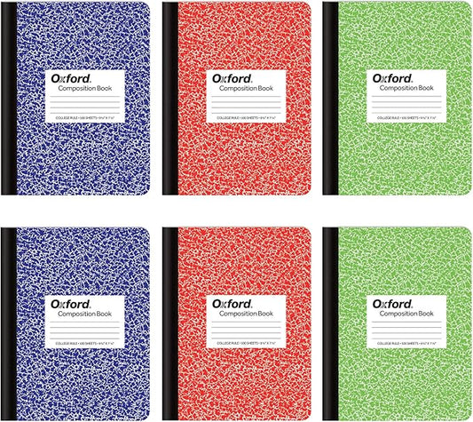 Oxford Composition Notebook 6 Pack, College Ruled Paper, 9-3/4 x 7-1/2 Inches, 100 Sheets, Assorted Marble Covers. 2 Each: Blue, Green, Red (63763)